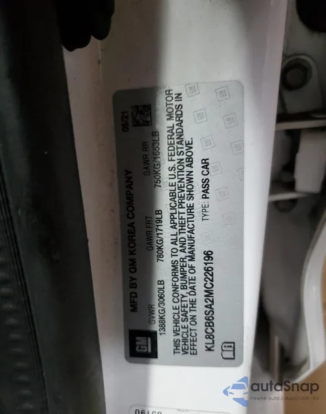 2021 Chevrolet Spark Ls z USA, uszkodzony, nr VIN KL8CB6SA2MC226196